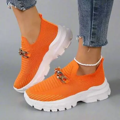 Fashion Chain Design Mesh Shoes For Women Breathable Casual Soft Sole Walking Sock Womens Flat Slip On Shoes