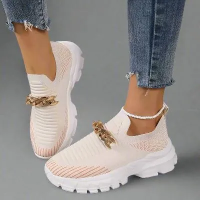 Fashion Chain Design Mesh Shoes For Women Breathable Casual Soft Sole Walking Sock Womens Flat Slip On Shoes