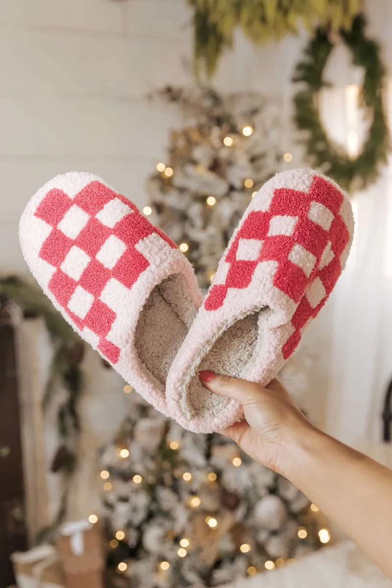 Pink Checkered Faux Plush Slippers