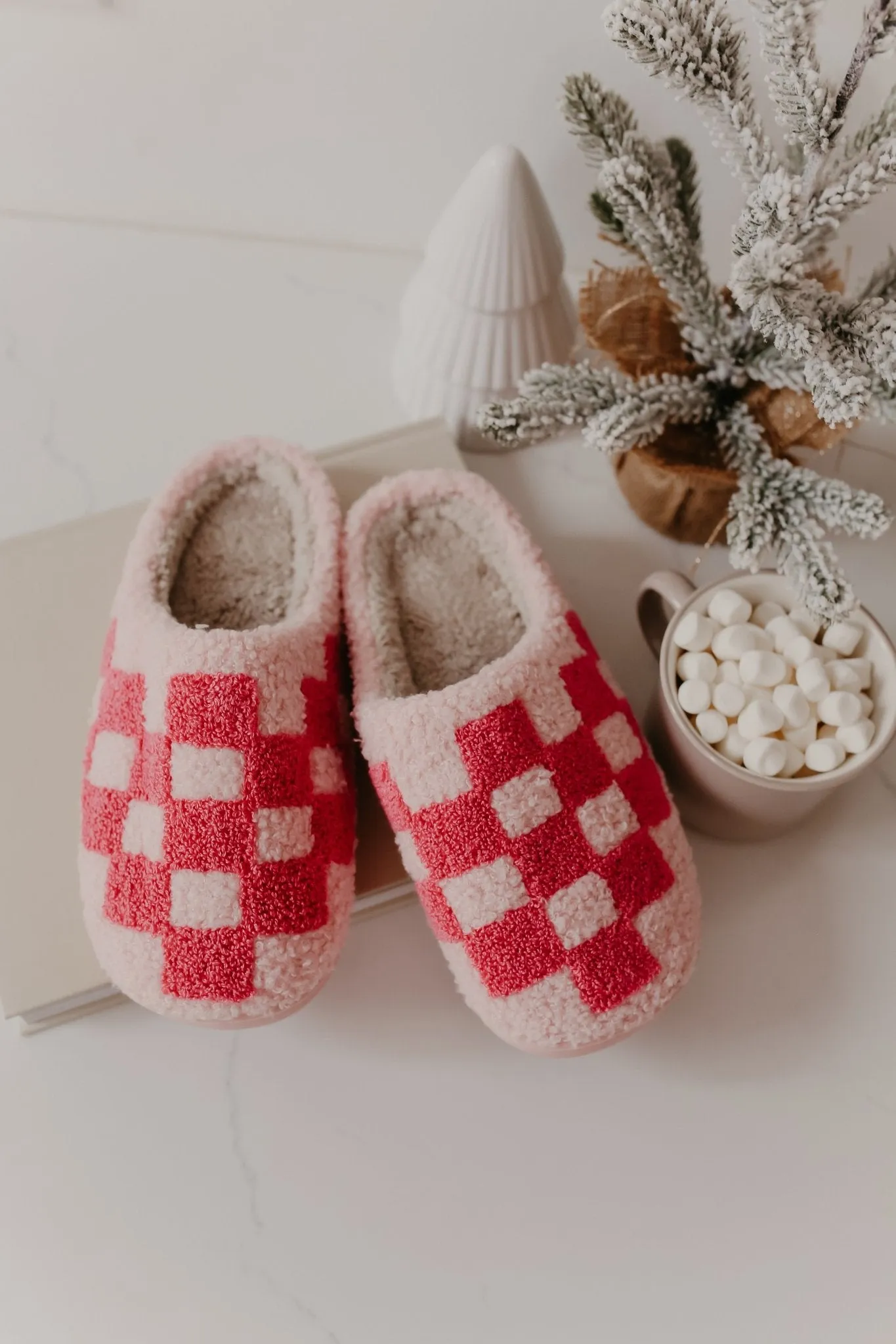 Pink Checkered Faux Plush Slippers