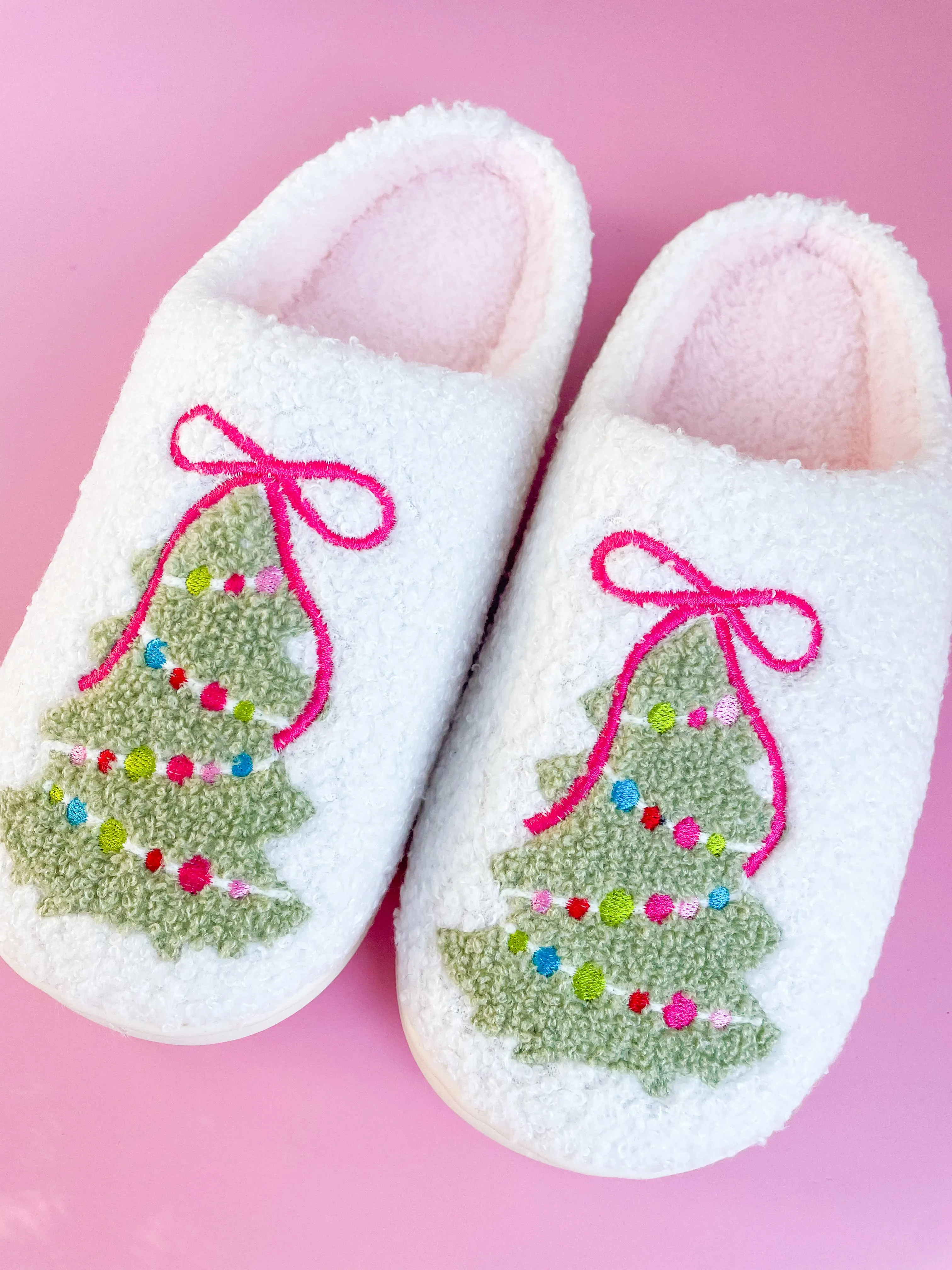 Rock Paper Scissors - Pink Bow Christmas Tree Slippers: Small