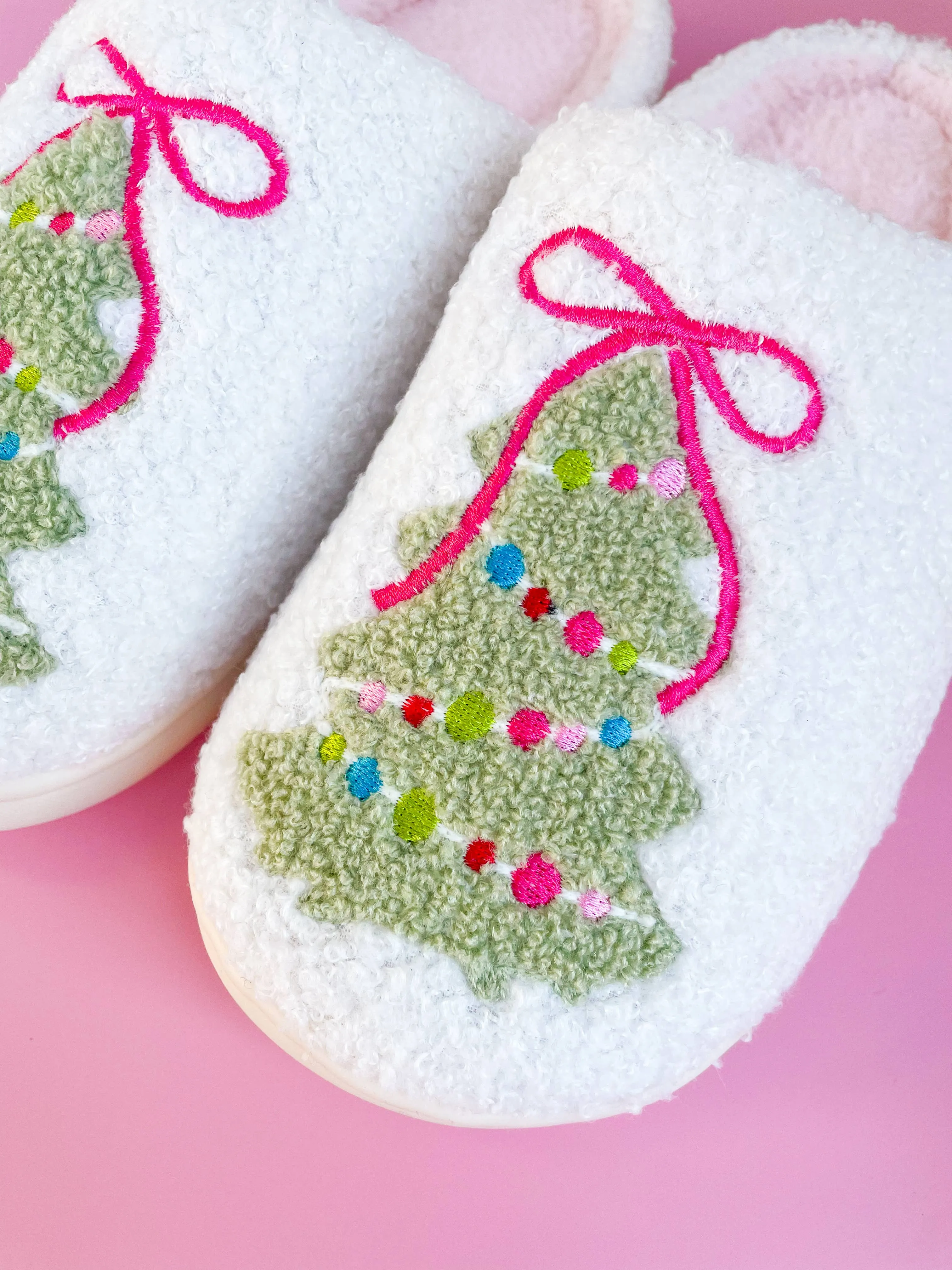 Rock Paper Scissors - Pink Bow Christmas Tree Slippers: Small