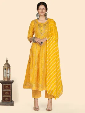 Women'S Bandhani & Embroidered Anarkali Cotton Yellow Stitched Kurta Pant With Dupatta