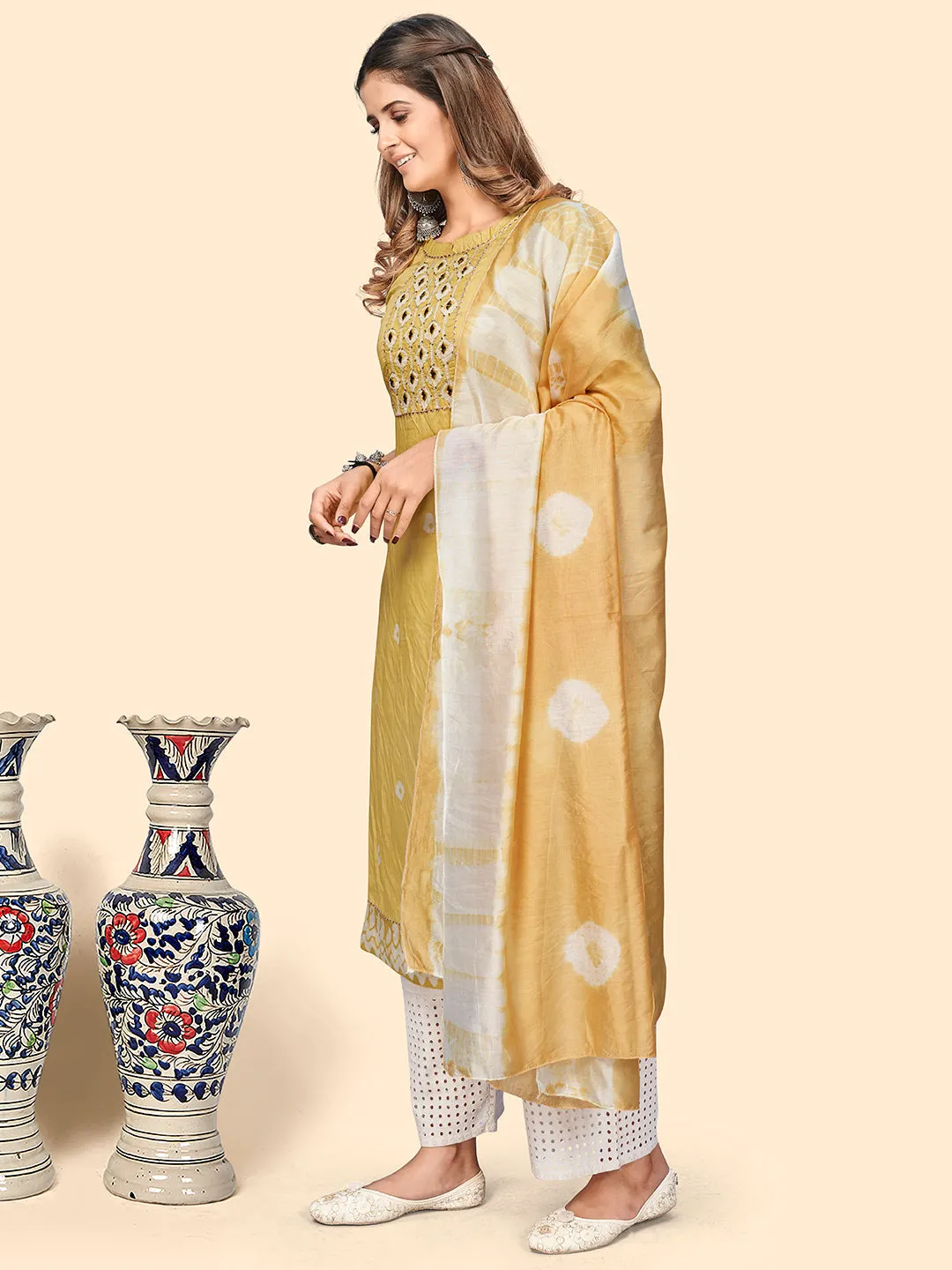 Women'S Batik Print & Mirror Straight Chanderi Yellow Stitched Kurta With Dupatta