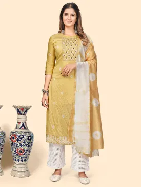 Women'S Batik Print & Mirror Straight Chanderi Yellow Stitched Kurta With Dupatta