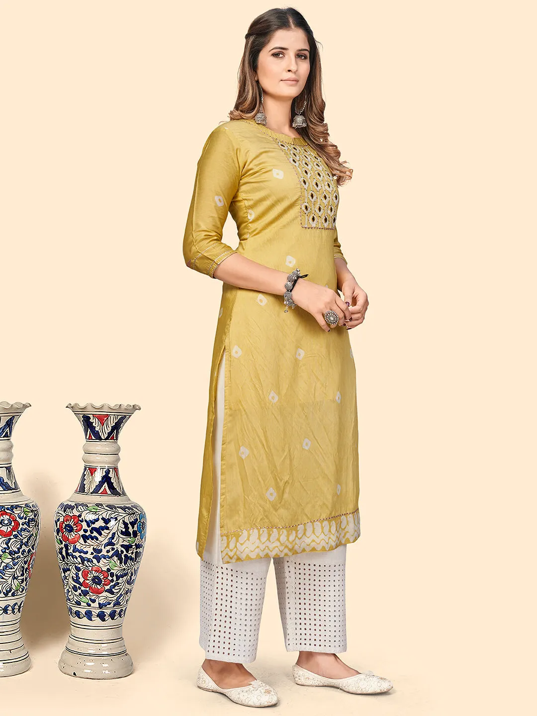 Women'S Batik Print & Mirror Straight Chanderi Yellow Stitched Kurta With Dupatta