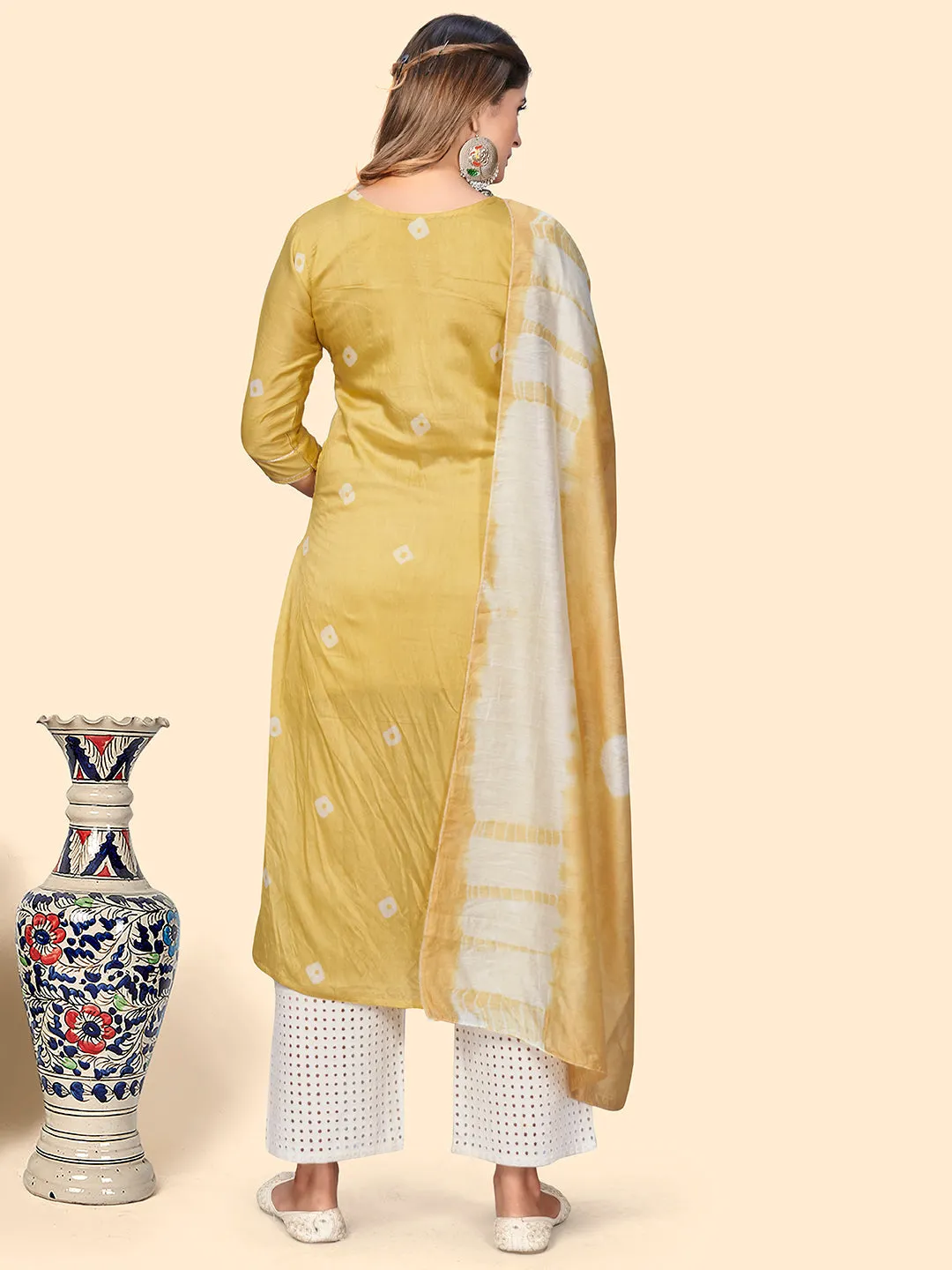 Women'S Batik Print & Mirror Straight Chanderi Yellow Stitched Kurta With Dupatta