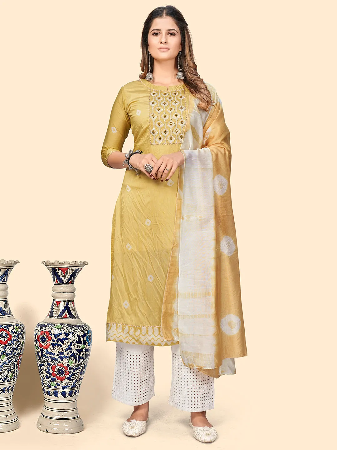 Women'S Batik Print & Mirror Straight Chanderi Yellow Stitched Kurta With Dupatta