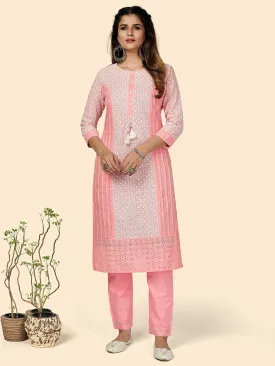 Women'S Chikankari Straight Cotton Baby Pink Stitched Kurta With Pant