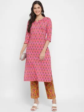 Women'S Embroidered & Printed Straight Cotton Pink Kurta With Pant