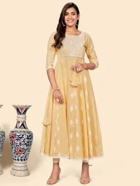 Women'S Embroidered Anarkali Cotton Blend Yellow Stitched Dress