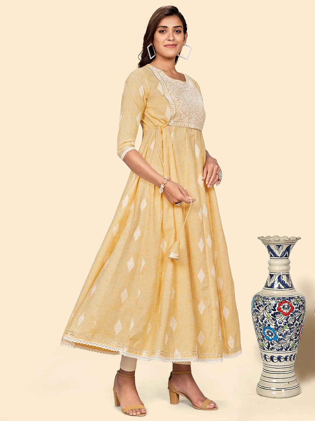 Women'S Embroidered Anarkali Cotton Blend Yellow Stitched Dress