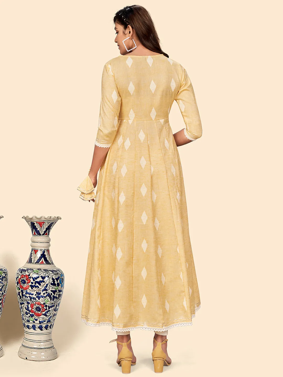 Women'S Embroidered Anarkali Cotton Blend Yellow Stitched Dress