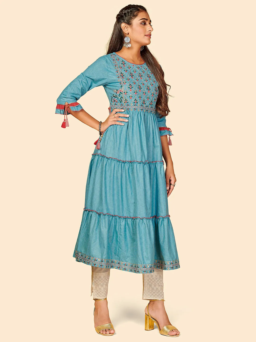 Women'S Embroidered Anarkali Yarn Dyed Sky Blue Stitched Kurta