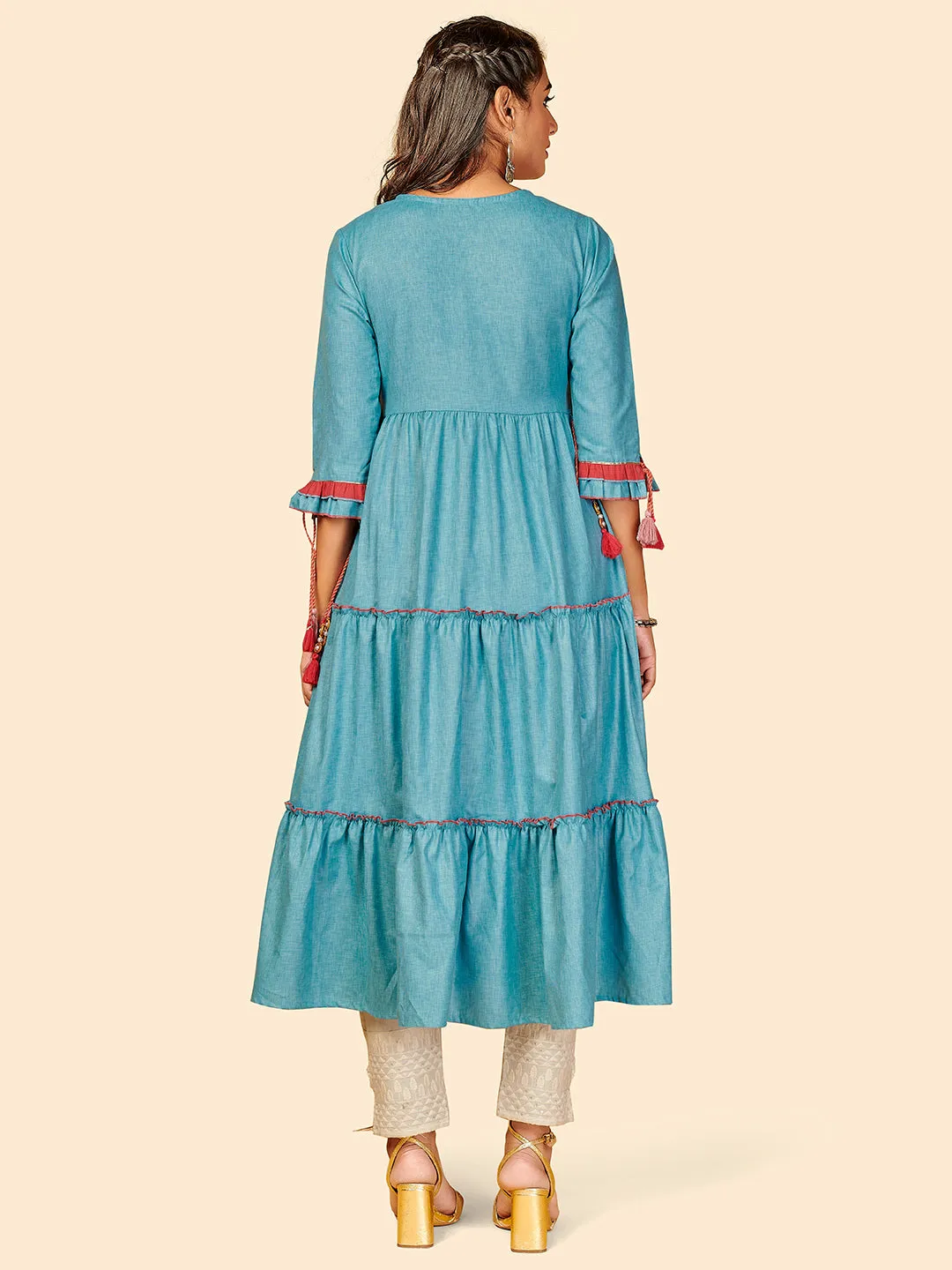 Women'S Embroidered Anarkali Yarn Dyed Sky Blue Stitched Kurta