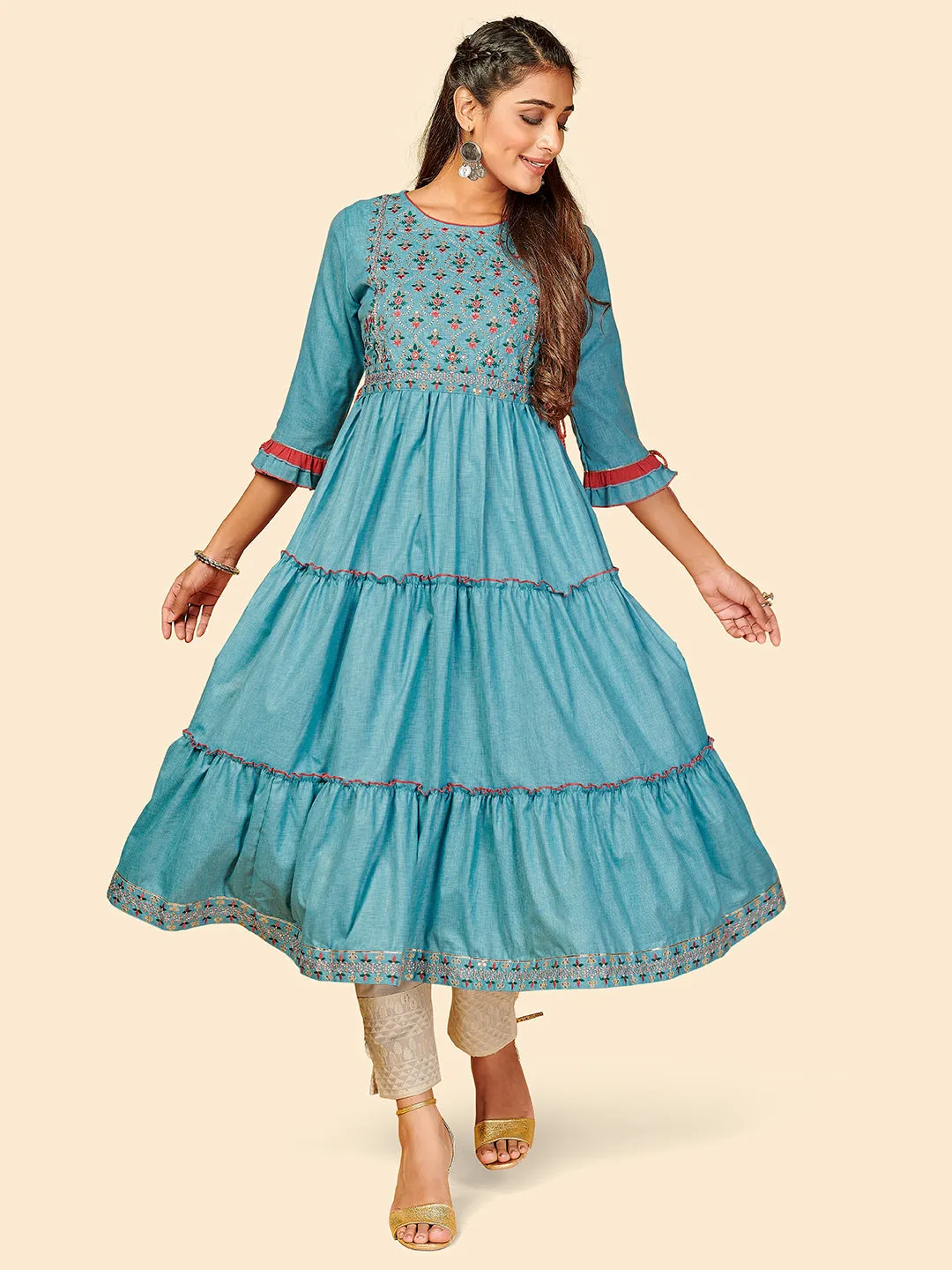 Women'S Embroidered Anarkali Yarn Dyed Sky Blue Stitched Kurta