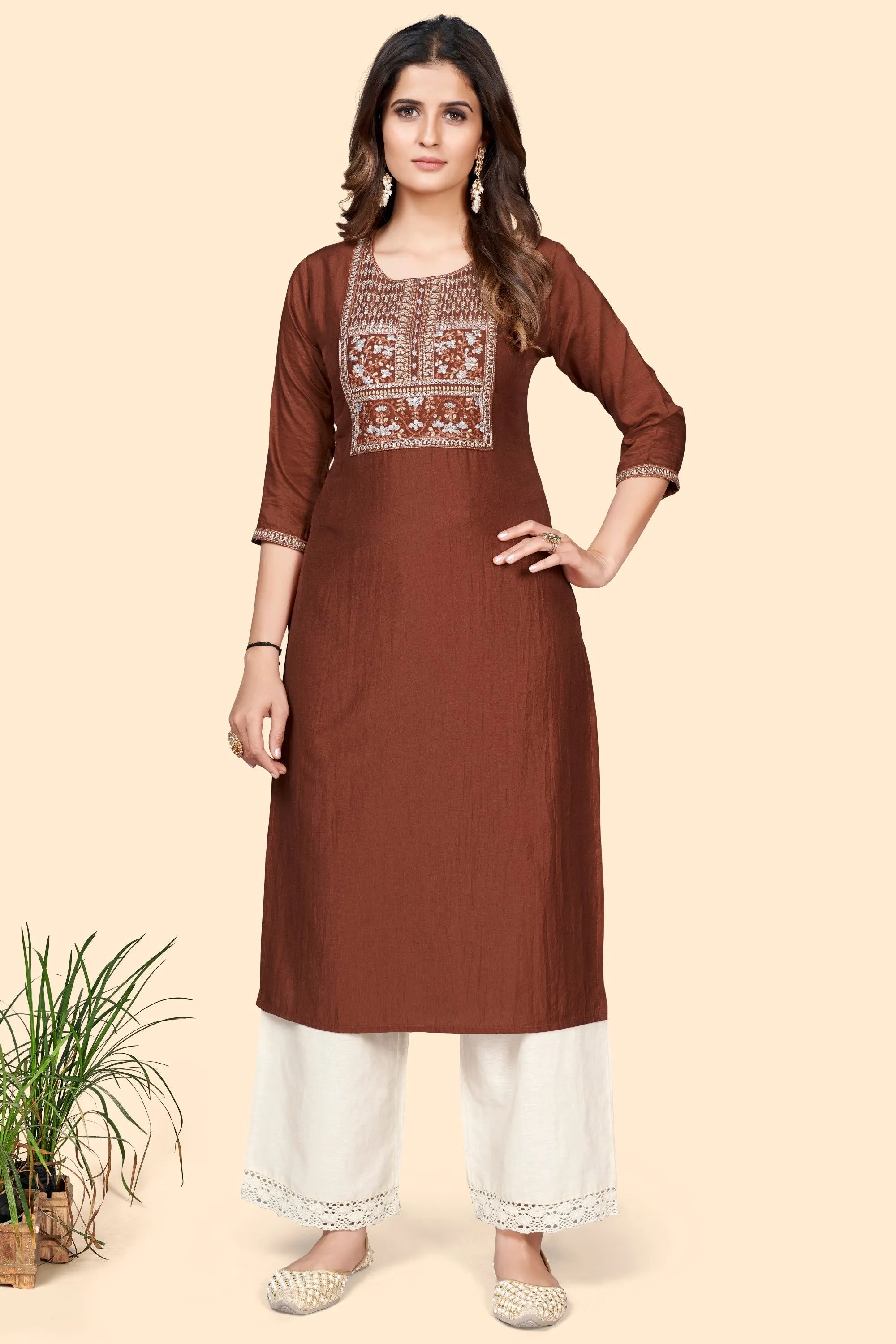 Women'S Embroidered Straight Chinon Brown Stitched Kurta