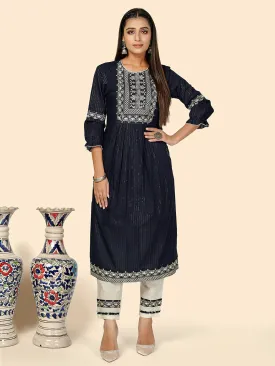 Women'S Embroidered Straight Cotton Blue Stitched Kurta With Pant