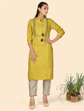 Women'S Embroidered Straight Rayon Lemon Stitched Kurta With Pant