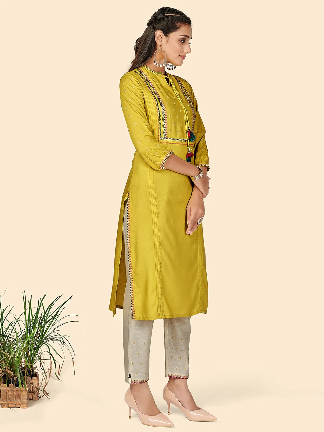 Women'S Embroidered Straight Rayon Lemon Stitched Kurta With Pant