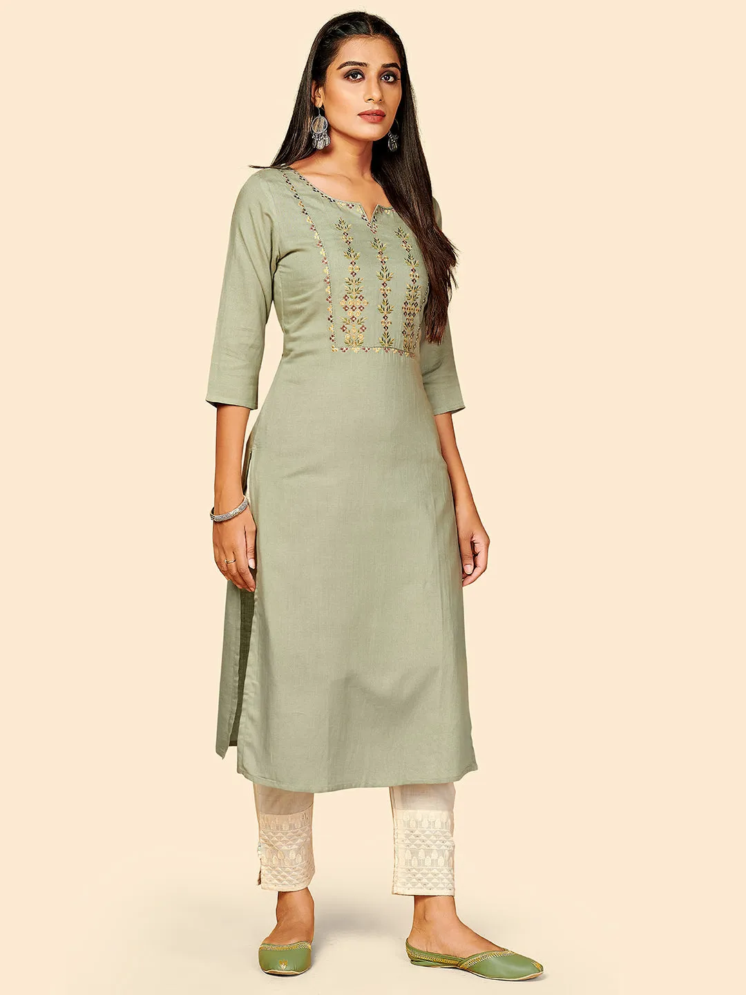 Women'S Embroidered Straight Rayon Olive Green Stitched Kurta