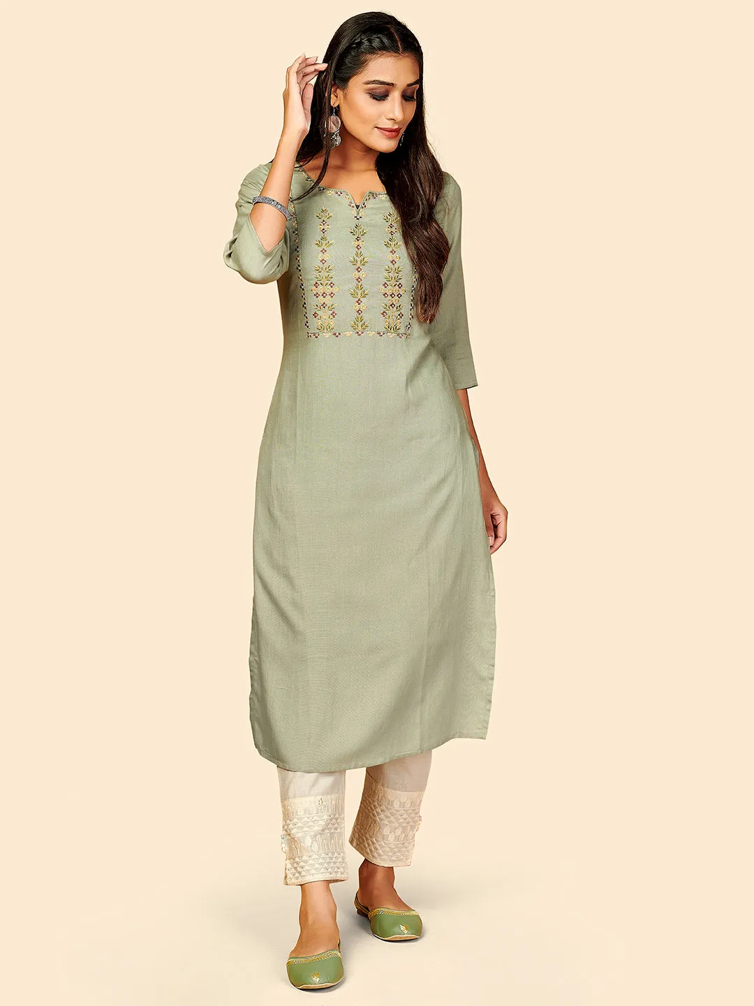 Women'S Embroidered Straight Rayon Olive Green Stitched Kurta