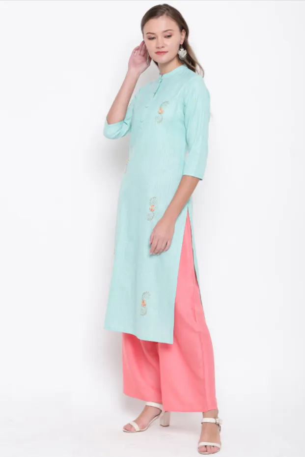 Women'S Embroidered/Solid Straight Cotton Sky Blue Kurta (1Pc)