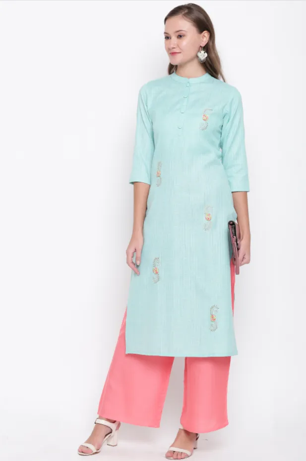 Women'S Embroidered/Solid Straight Cotton Sky Blue Kurta (1Pc)