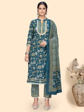 Women'S Floral Print & Lace Work Straight Cotton Blue Stitched Kurta Pant With Dupatta