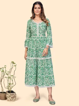 Women'S Floral Print Flared Cotton Green Stitched Kurta