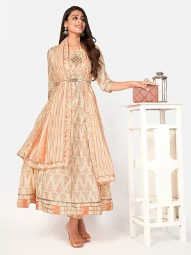 Women'S Foil Print & Embroidered Anarkali Cotton Beige Kurta Pant With Dupatta