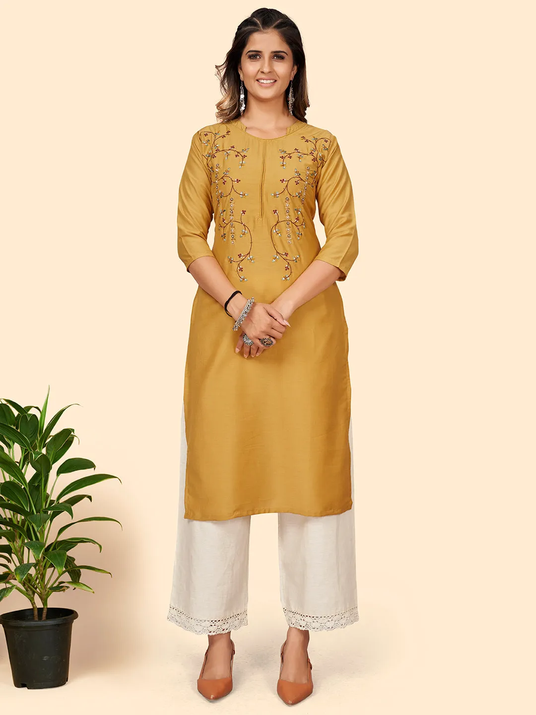 Women'S Hand Work Straight Chinon Yellow Stitched Kurta