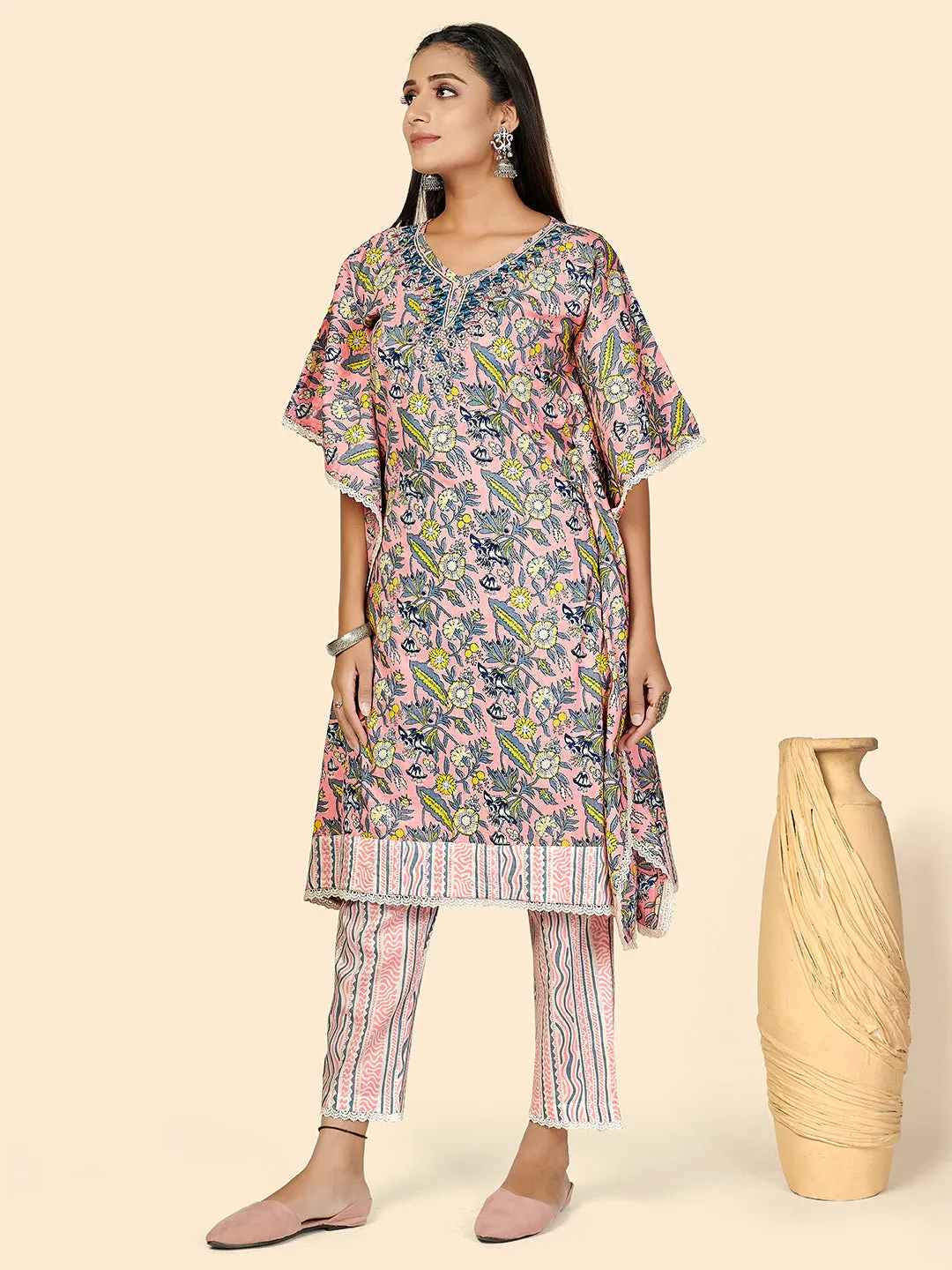 Women'S Mirror & Hand Work  Cotton Peach Stitched Kaftan Kurta With Pant Set