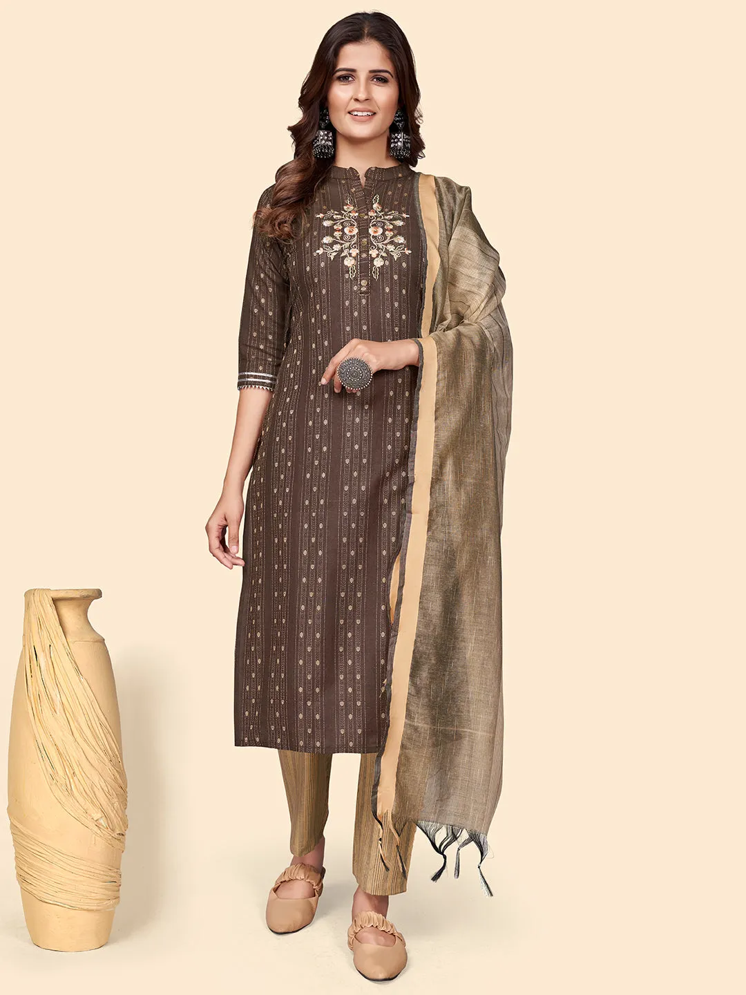 Women'S Print & Embroidered Straight Cotton Blend Brown Stitched Kurta Pant With Dupatta