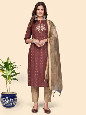 Women'S Print & Embroidered Straight Cotton Blend Maroon Stitched Kurta Pant With Dupatta