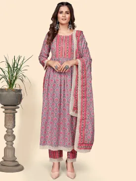 Women'S Print & Gota Patti Straight Cotton Pink Stitched Kurta Pant With Dupatta