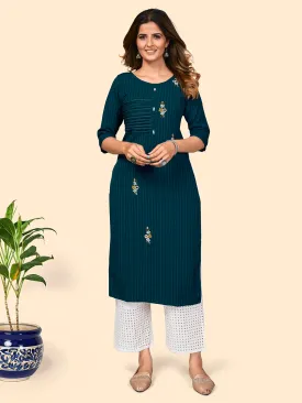 Women'S Print & Hand Work Straight Viscose Dark Aqua Stitched Kurta