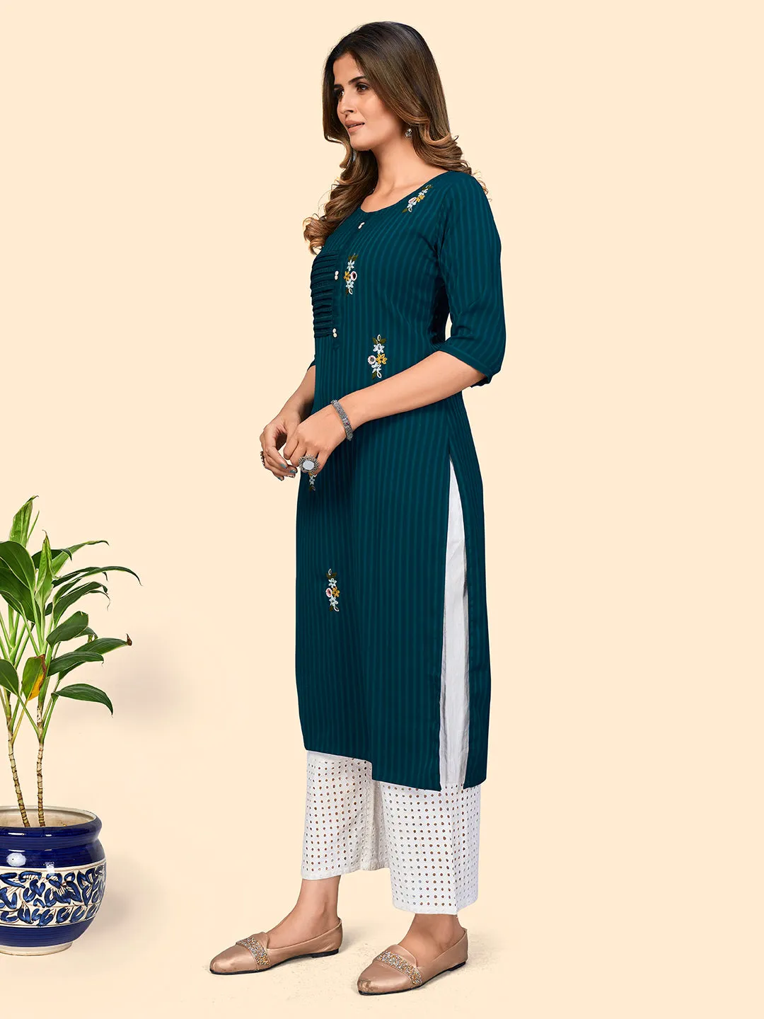 Women'S Print & Hand Work Straight Viscose Dark Aqua Stitched Kurta