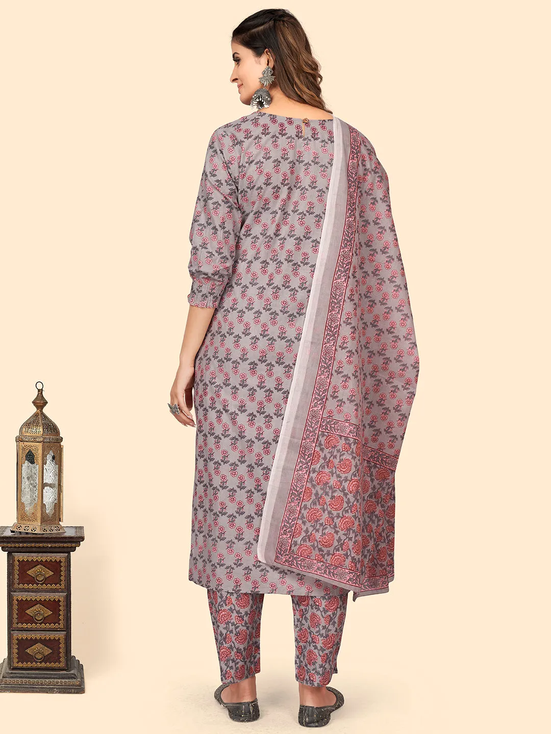 Women'S Print & Mirror Work Straight Cotton Grey Stitched Kurta Pant With Dupatta