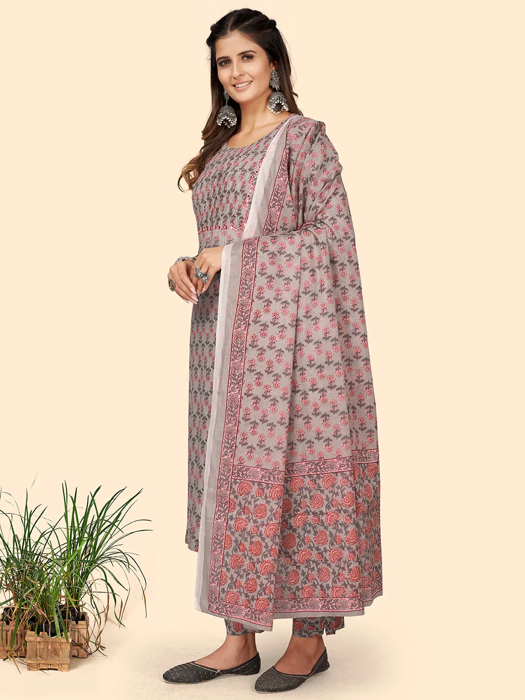 Women'S Print & Mirror Work Straight Cotton Grey Stitched Kurta Pant With Dupatta