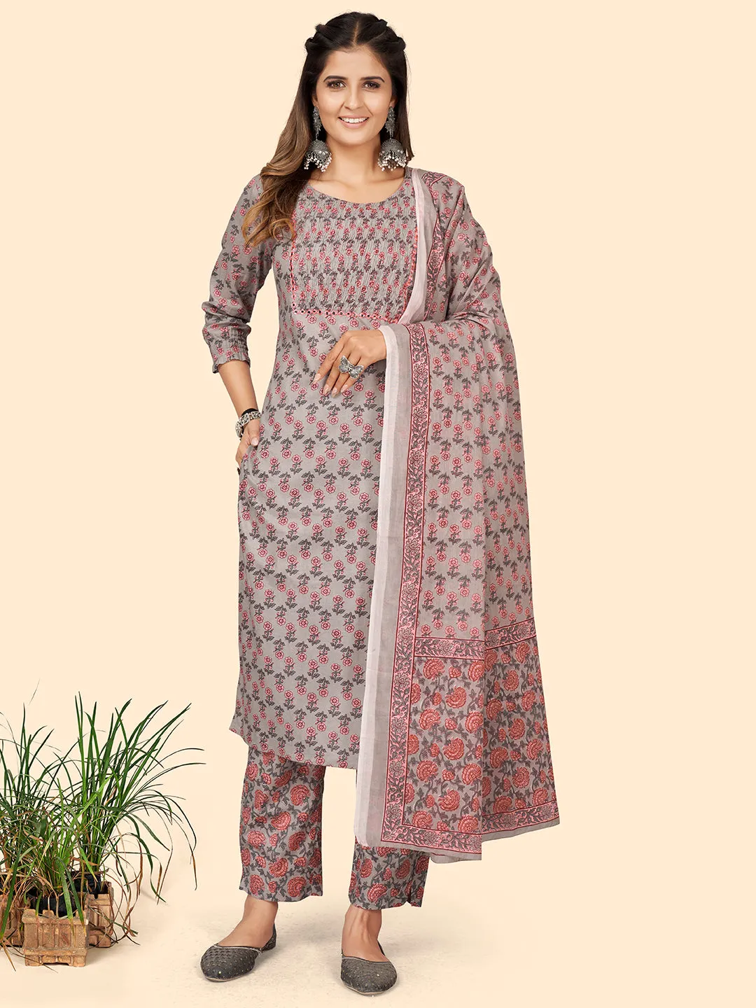 Women'S Print & Mirror Work Straight Cotton Grey Stitched Kurta Pant With Dupatta