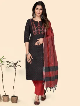 Women'S Print & Sequience Straight Cotton Black Stitched Kurta Pant With Dupatta