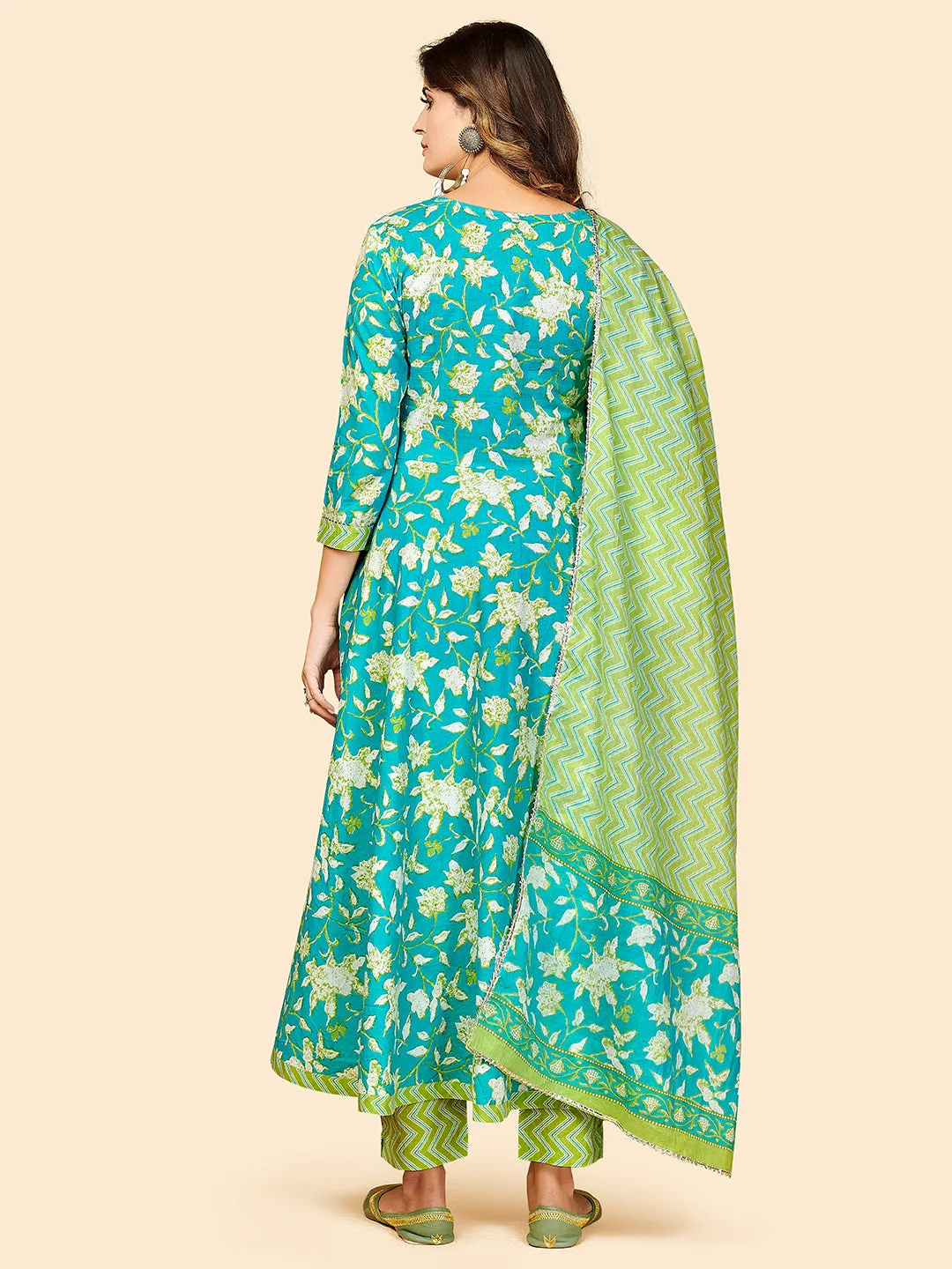 Women'S Printed & Embroidered Anarkali Cotton Aqua Stitched Kurta Pant With Dupatta