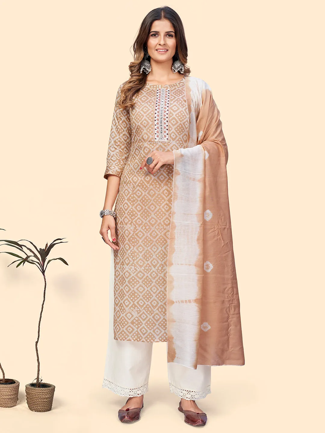 Women'S Printed & Embroidered Straight Chanderi Light Brown Stitched Kurta With Dupatta