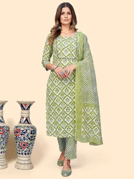 Women'S Printed & Embroidered Straight Cotton Green Stitched Kurta Pant With Dupatta