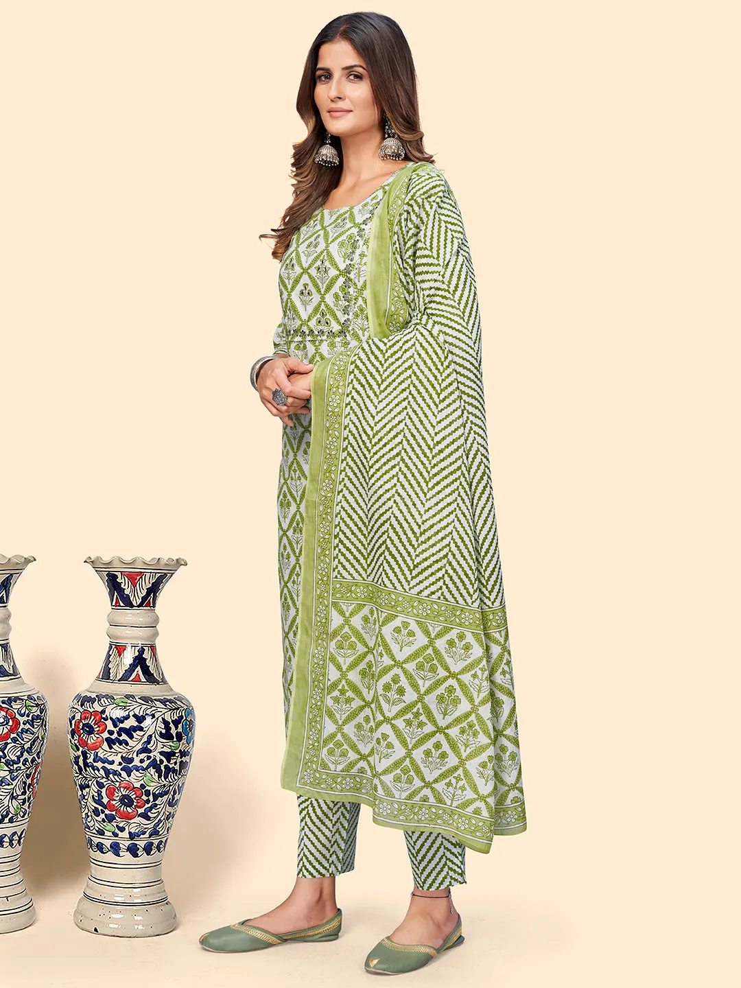 Women'S Printed & Embroidered Straight Cotton Green Stitched Kurta Pant With Dupatta