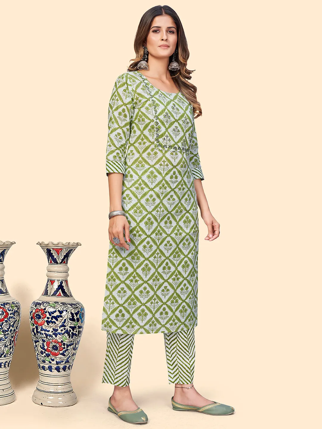 Women'S Printed & Embroidered Straight Cotton Green Stitched Kurta Pant With Dupatta