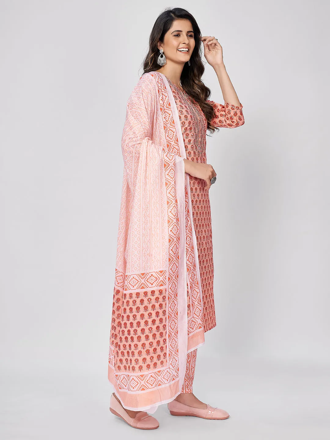 Women'S Printed & Embroidered Straight Cotton Orange Kurta Pant With Dupatta