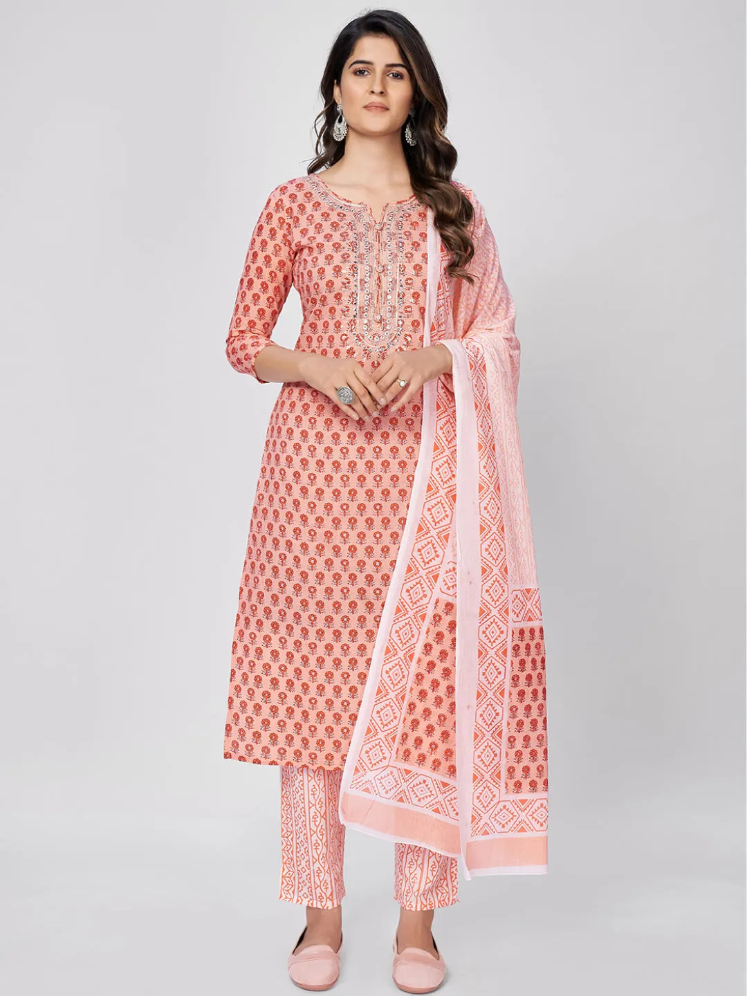 Women'S Printed & Embroidered Straight Cotton Orange Kurta Pant With Dupatta