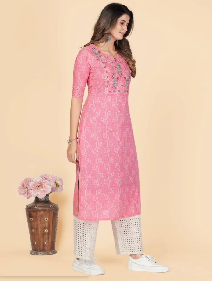 Women'S Printed & Embroidered Straight Cotton Pink Stitched Kurta (1Pc)